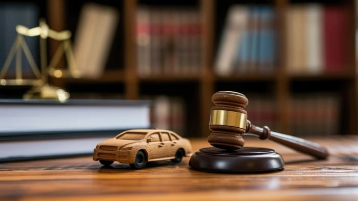 Gavel and car on table in car accident attorney office