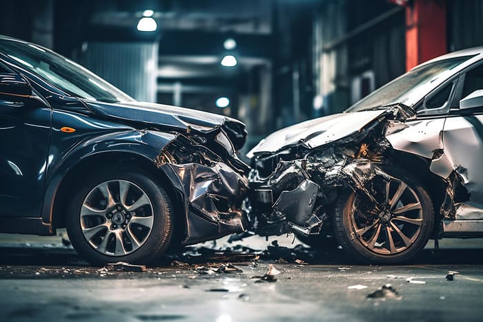 Car accident of two cars, collision of cars. Two cars are damaged after a head-on collision, a car accident. Car accident on the street, damaged cars after collision.