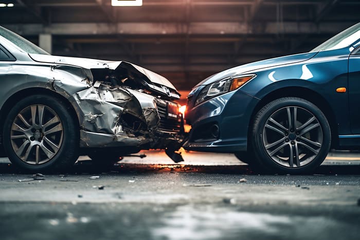 Car accident of two cars, collision of cars. Two cars are damaged after a head-on collision, a car accident. Car accident on the street, damaged cars after collision.