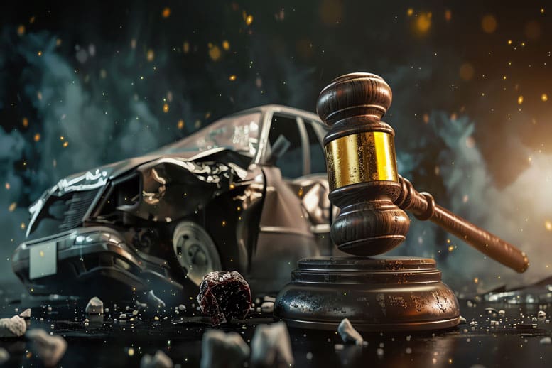 damaged car symbolizing legal consequences of traffic accidents and the pursuit of justice in road safety cases