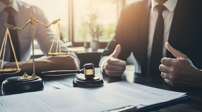 Defense Lawyer giving thumbs up while signing legal documents.