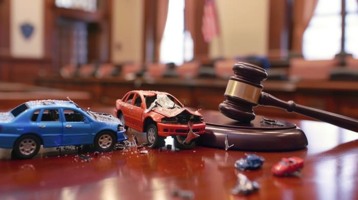 Two small car models on desk in courthouse. Concept of lawyer services, civil court trial, vehicle accident case study, and insurance coverage.