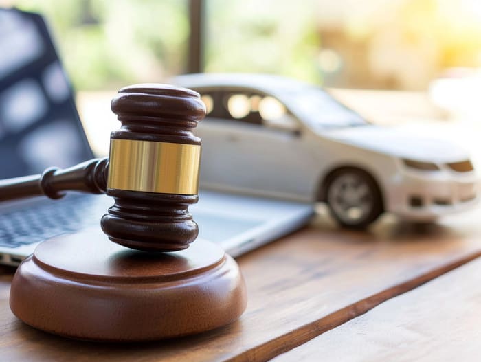 A judge's gavel sits on a wooden surface next to a laptop and a toy car