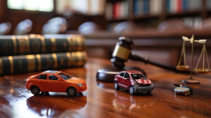 Two small car models on desk in courthouse - Car accident claims concept