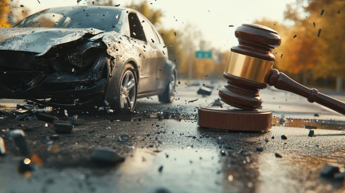 Car crash accident with big gavel on the road.