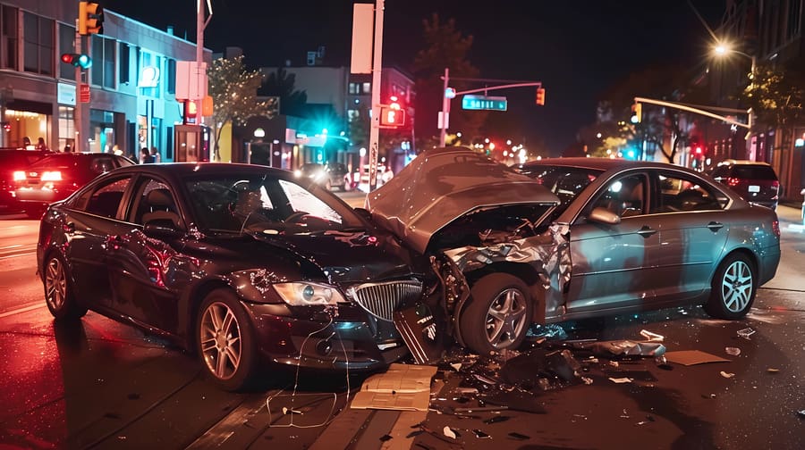two cars collided at an expensive accident at night