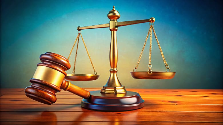 "A wooden judge's gavel resting beside a golden balance scale of justice on a polished wooden table, symbolizing law and legal proceedings, with a blue gradient background.
