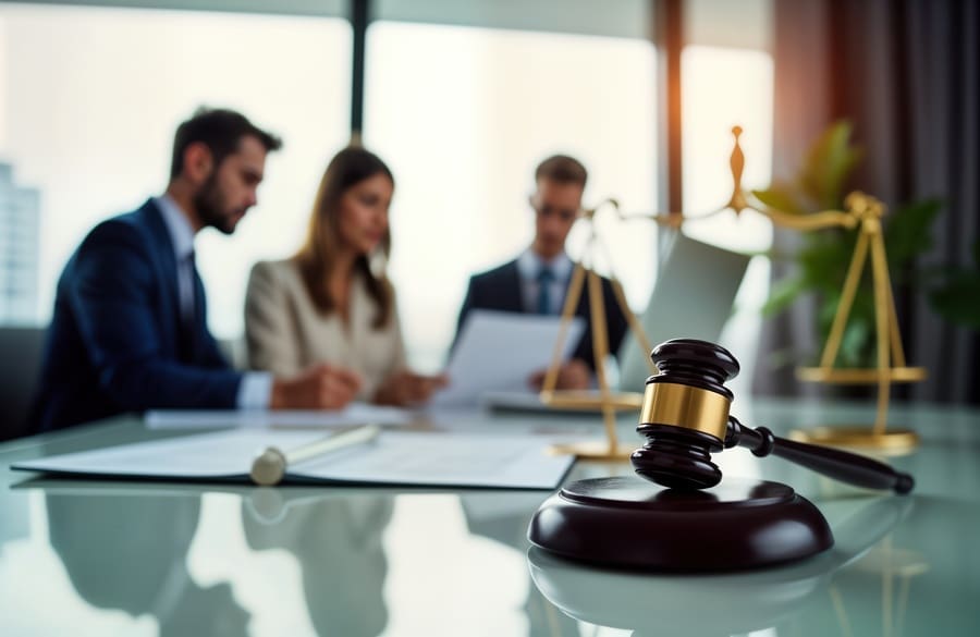 Lawyers review legal documents in modern law office