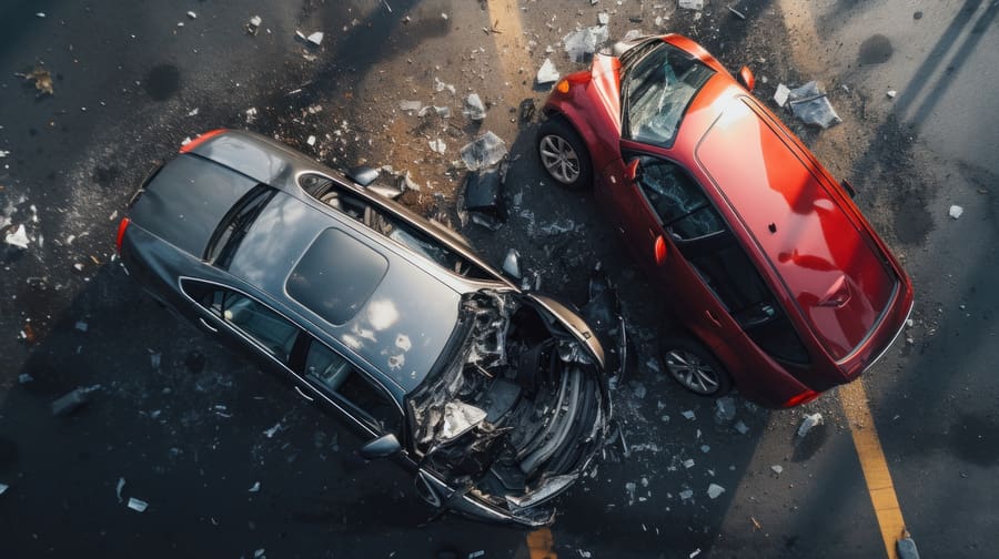 Two cars crash in accident. Top view