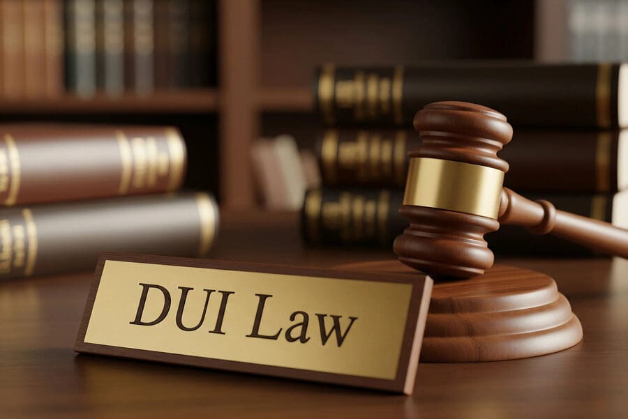 Escritorio de oficina legal para DUI con mazo de juez de madera, placa de identificación dorada y libros legales al fondo.