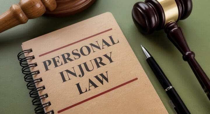 Notebook on Personal Injury Law with gavel and pen
