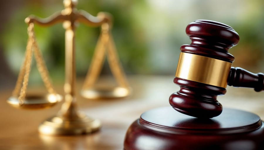 An emblematic gavel rests beside a scale of justice, symbolizing fairness, impartiality, and the rule of law