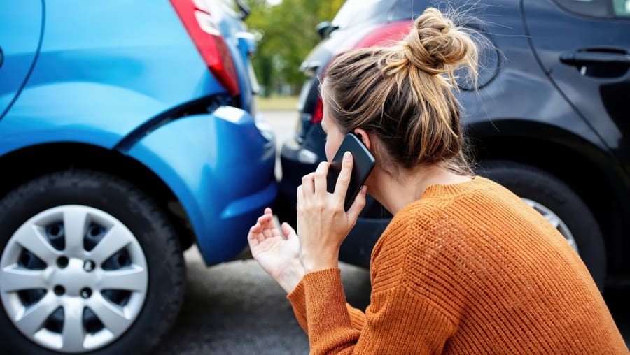 Woman making emergency call after car accident