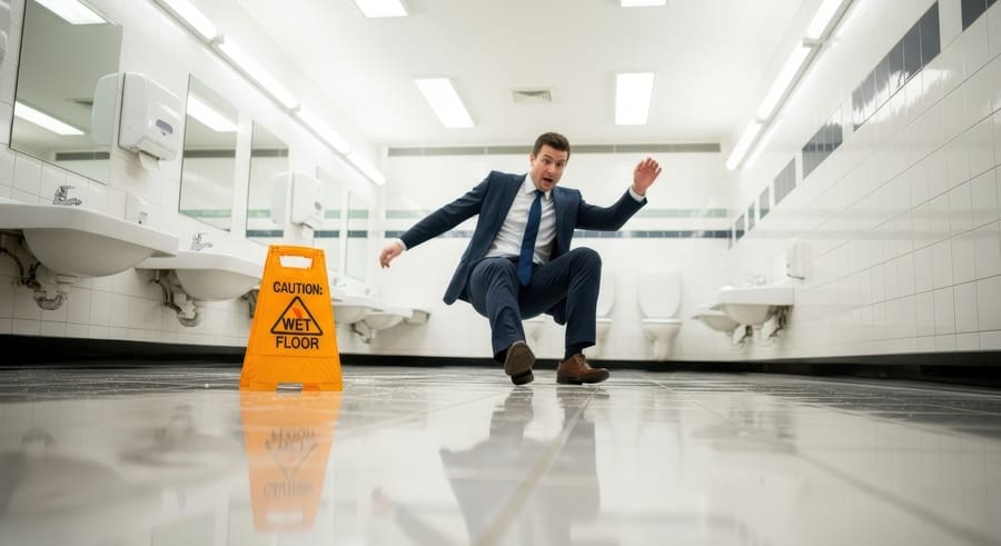 A businessman in a suit slipping on a wet floor