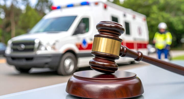 Close-up of a gavel in the foreground with a blurred ambulance and first responder in the background, suggesting a car accident and subsequent legal proceedings.