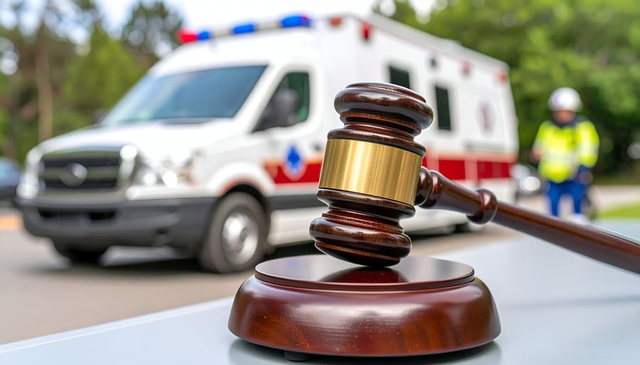 Close-up of a gavel in the foreground with a blurred ambulance and first responder in the background, suggesting a car accident and subsequent legal proceedings.