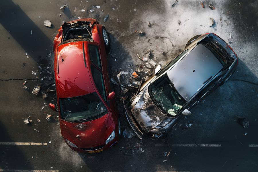 two cars crash in accident top view