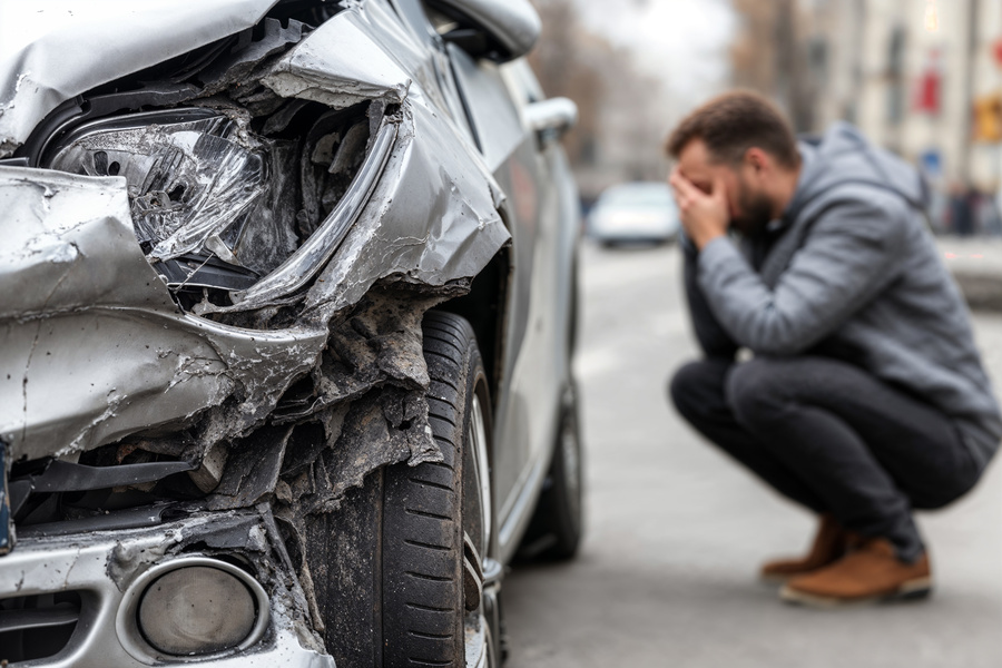 Man sitting in distress near his car after a severe car accident in day