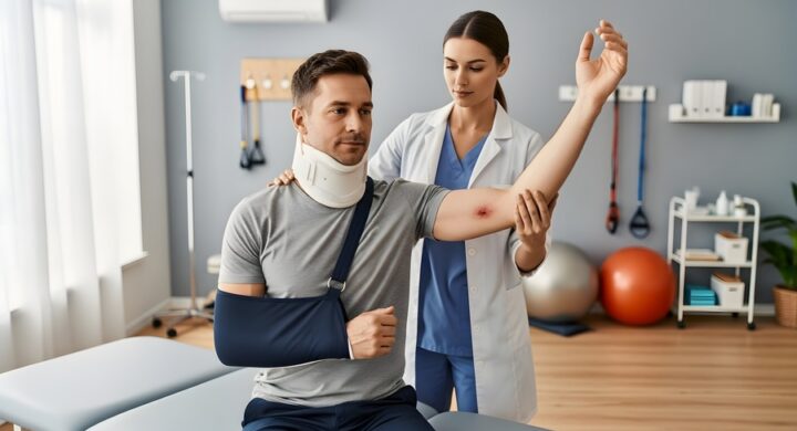 patient and doctor during medical treatment after accident