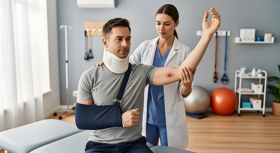 patient and doctor during medical treatment after accident