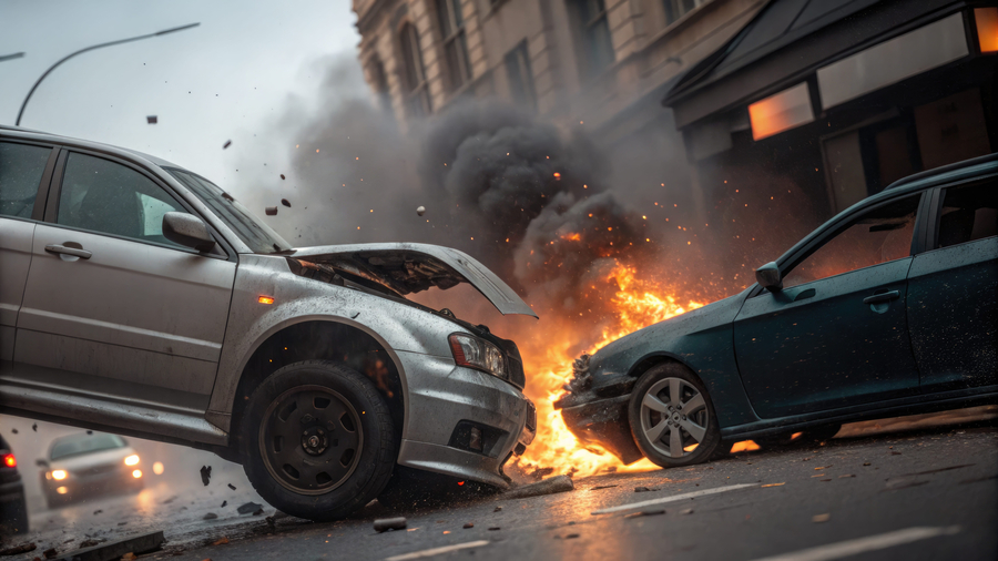 T-bone Car Crash with fire and smoke