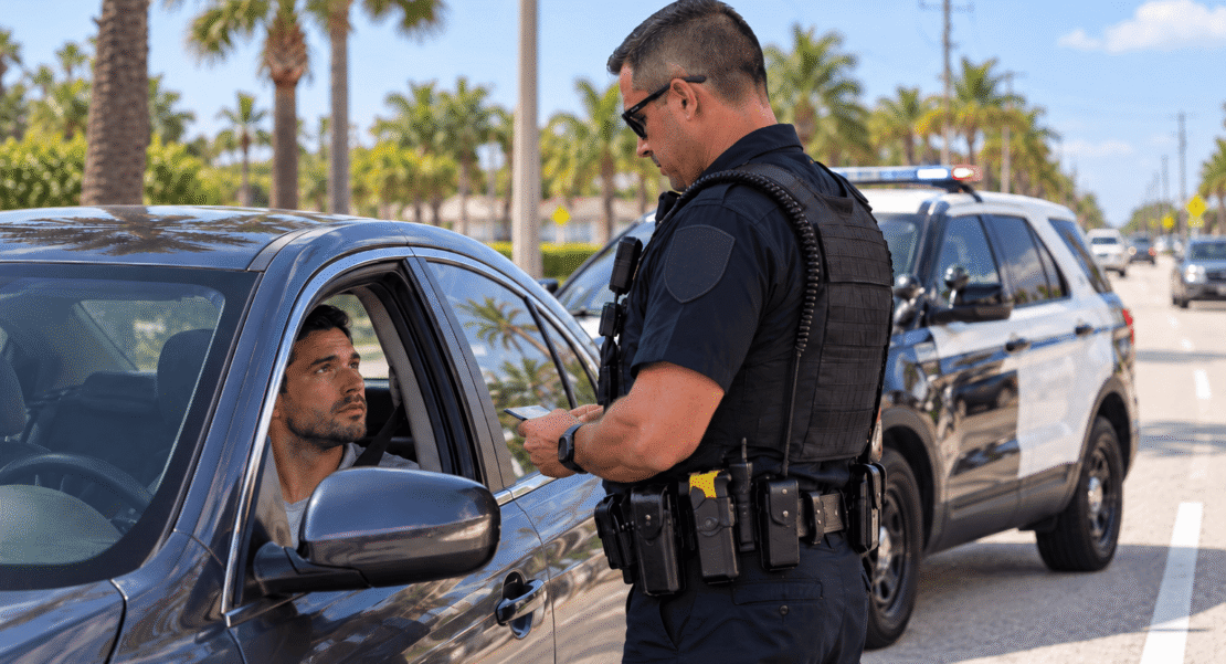 Routine Florida DUI Traffic Stop - Driver sitting in the car talking to a policeman standing