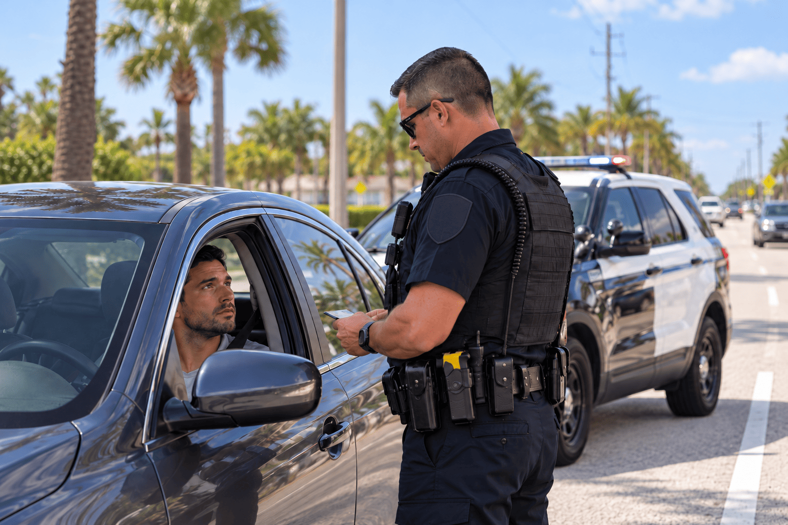 Routine Florida DUI Traffic Stop - Driver sitting in the car talking to a policeman standing